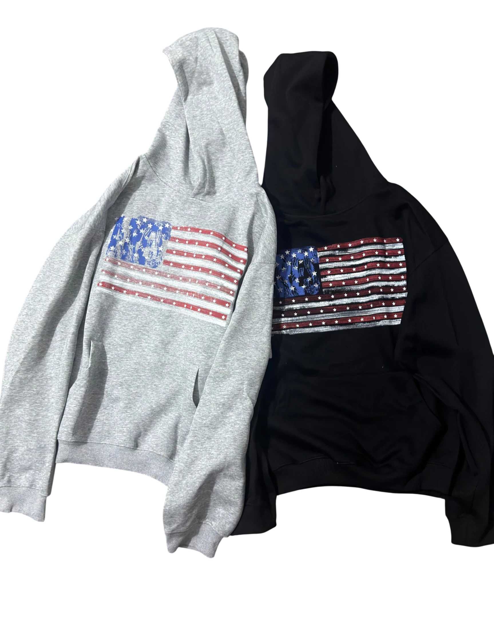 Vicious heavyweight hooded sweatshirts in grey and black featuring a distressed American flag graphic print