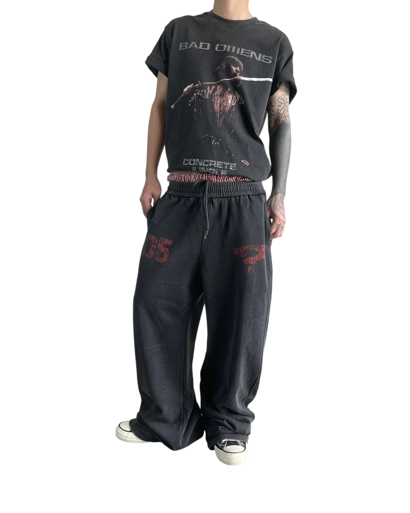 Vicious baggy heavyweight sweatpants in washed black with distressed red graphic print and loose straight-leg fit