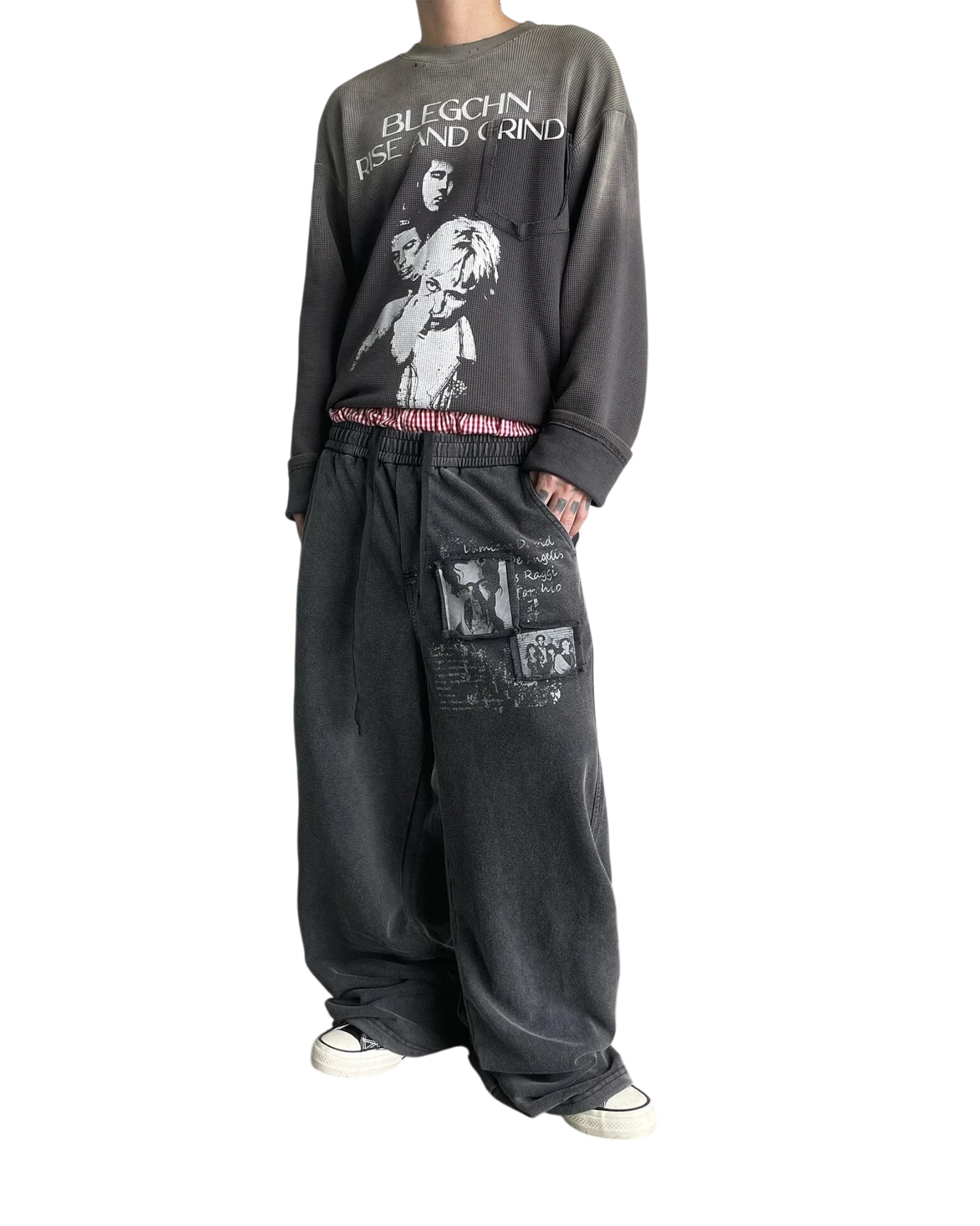 Vicious baggy straight-leg sweatpants in washed charcoal grey with distressed vintage graphic prints