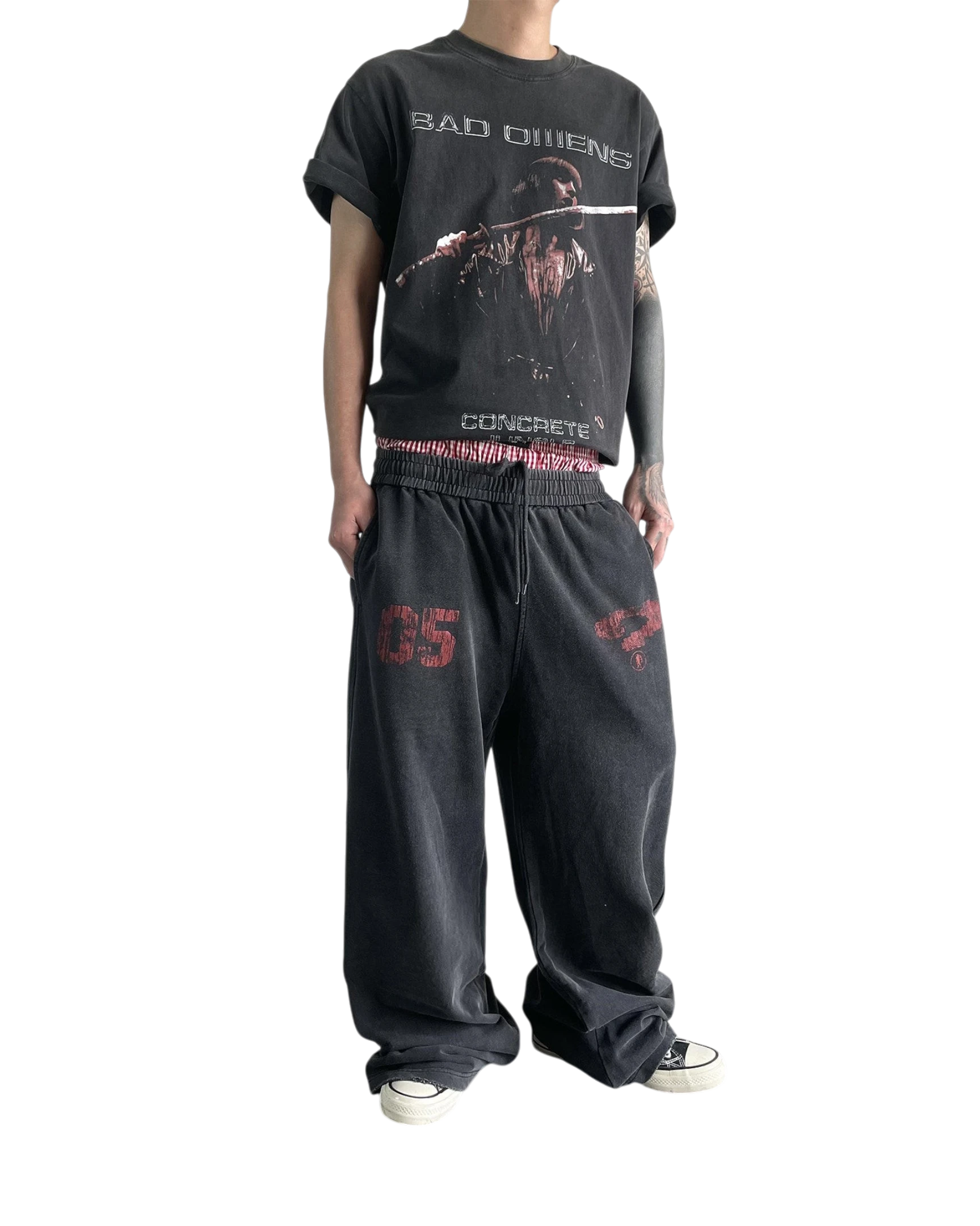 Vicious baggy heavyweight sweatpants in washed black with distressed red graphic print and loose straight-leg fit