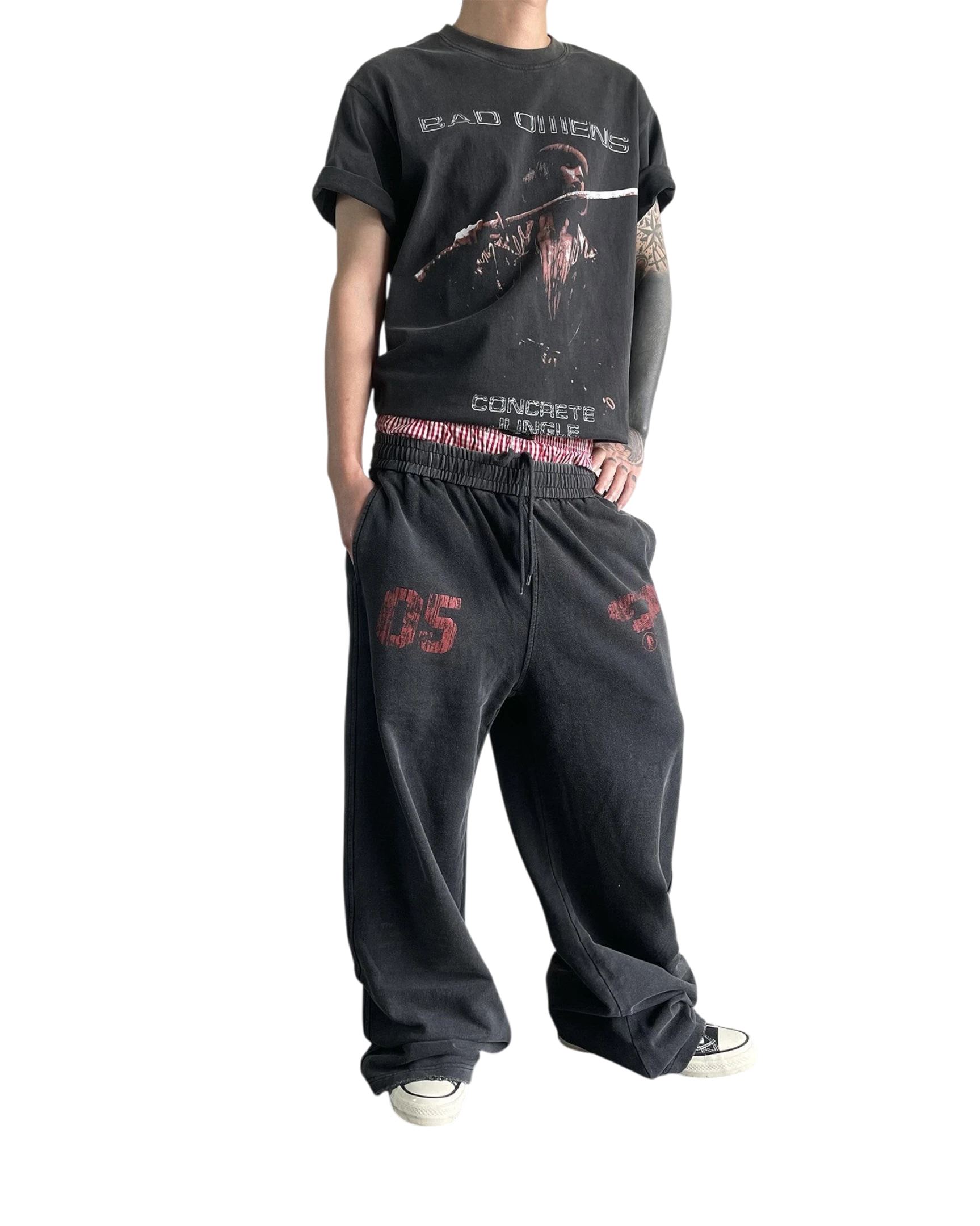 Vicious baggy heavyweight sweatpants in washed black with distressed red graphic print and loose straight-leg fit