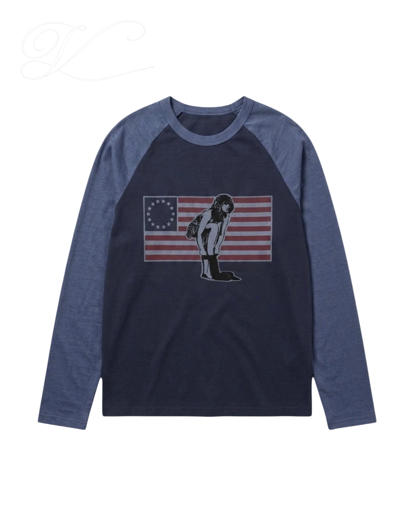 Vicious Betsy raglan long-sleeve shirt in navy and blue cotton with a retro American flag graphic print.