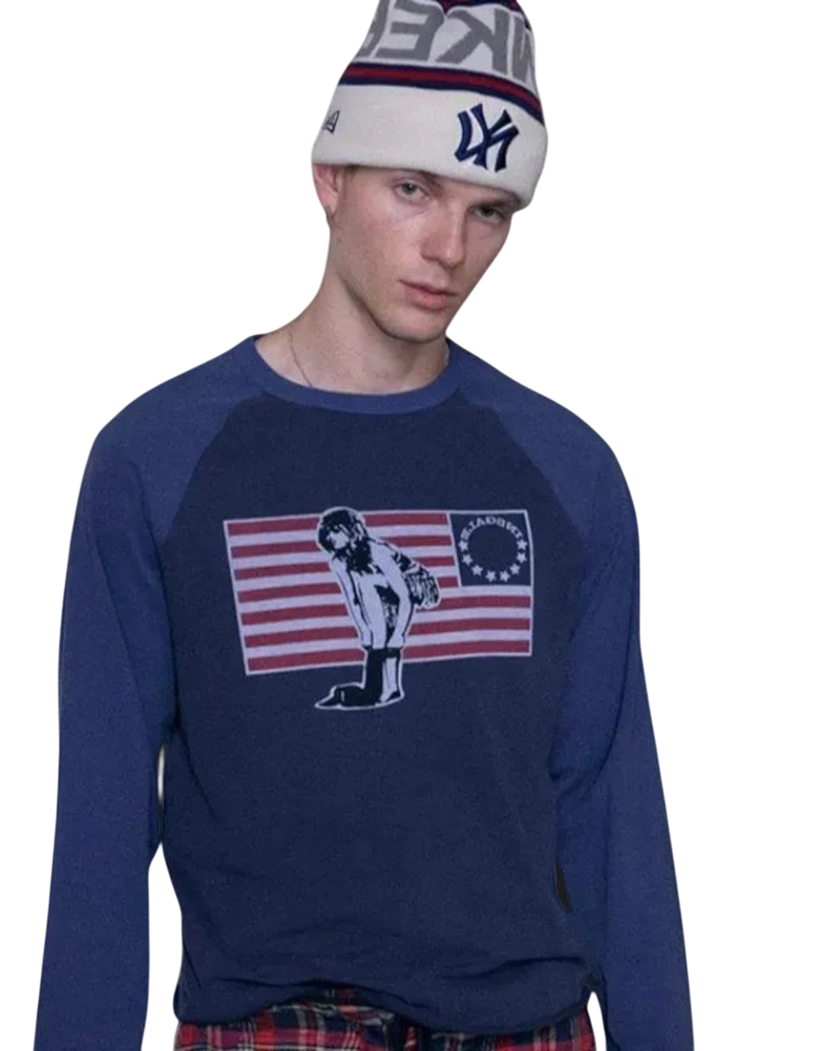 Vicious Betsy raglan longsleeve with blue cotton fabric, contrast sleeves, and a retro American flag graphic print.