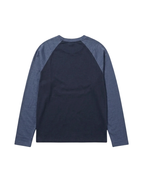 Vicious Betsy raglan long-sleeve shirt in navy and grey cotton with a crew neck and relaxed unisex fit