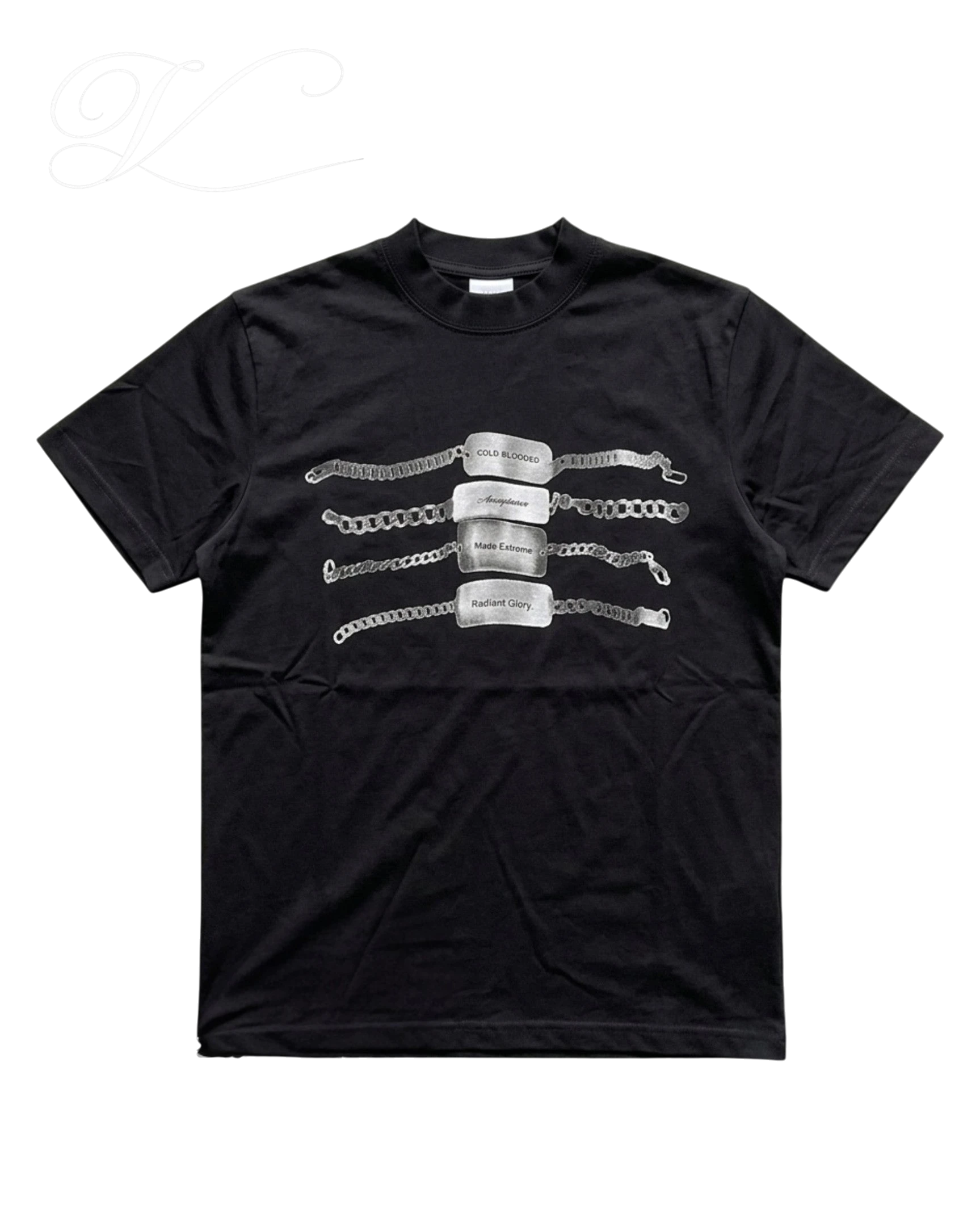 Vicious black cotton t-shirt with a digital graphic print of silver chain links and metallic ID tags on the chest.