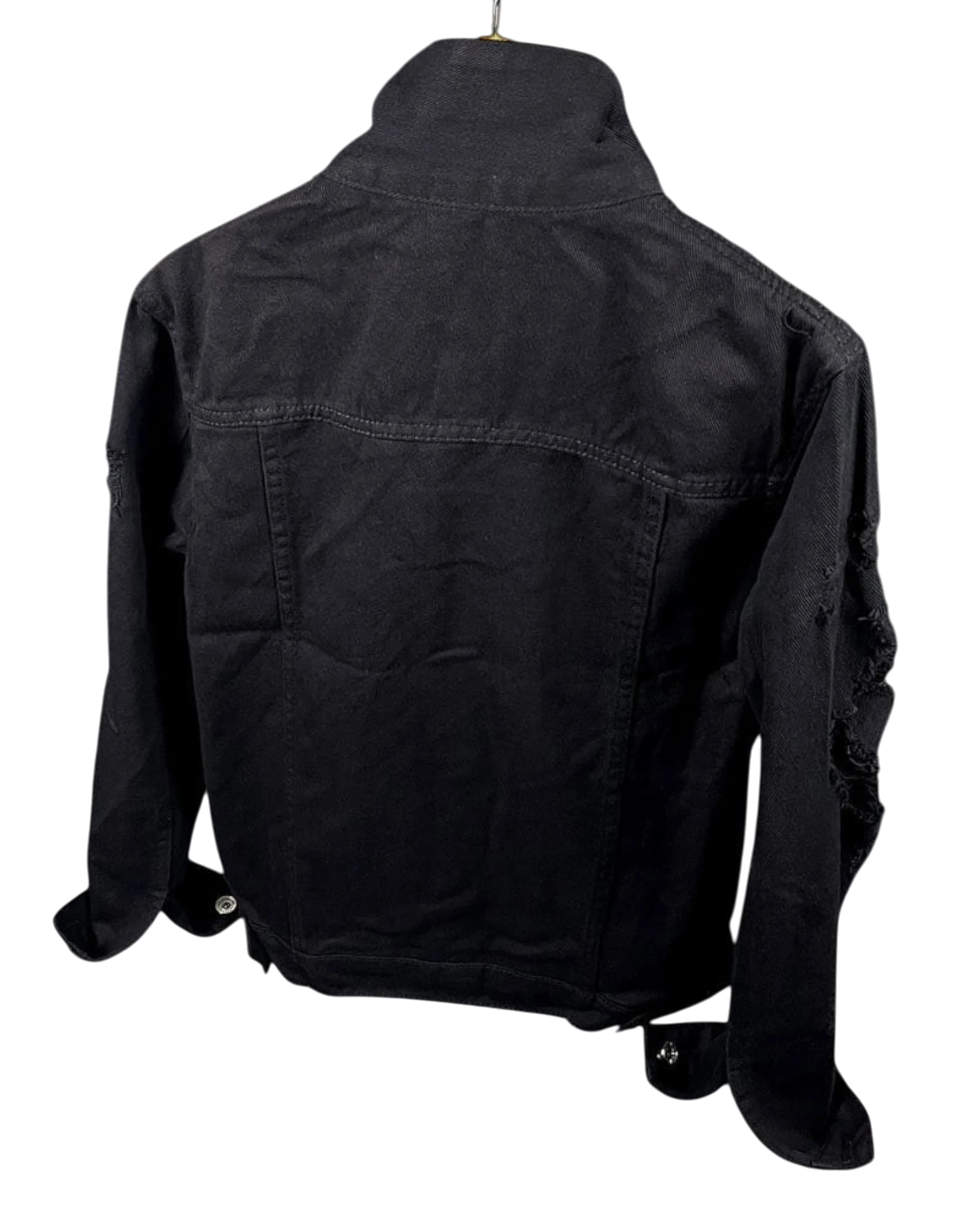 Back view of a Vicious black slim fit denim jacket featuring distressed details on the sleeves.