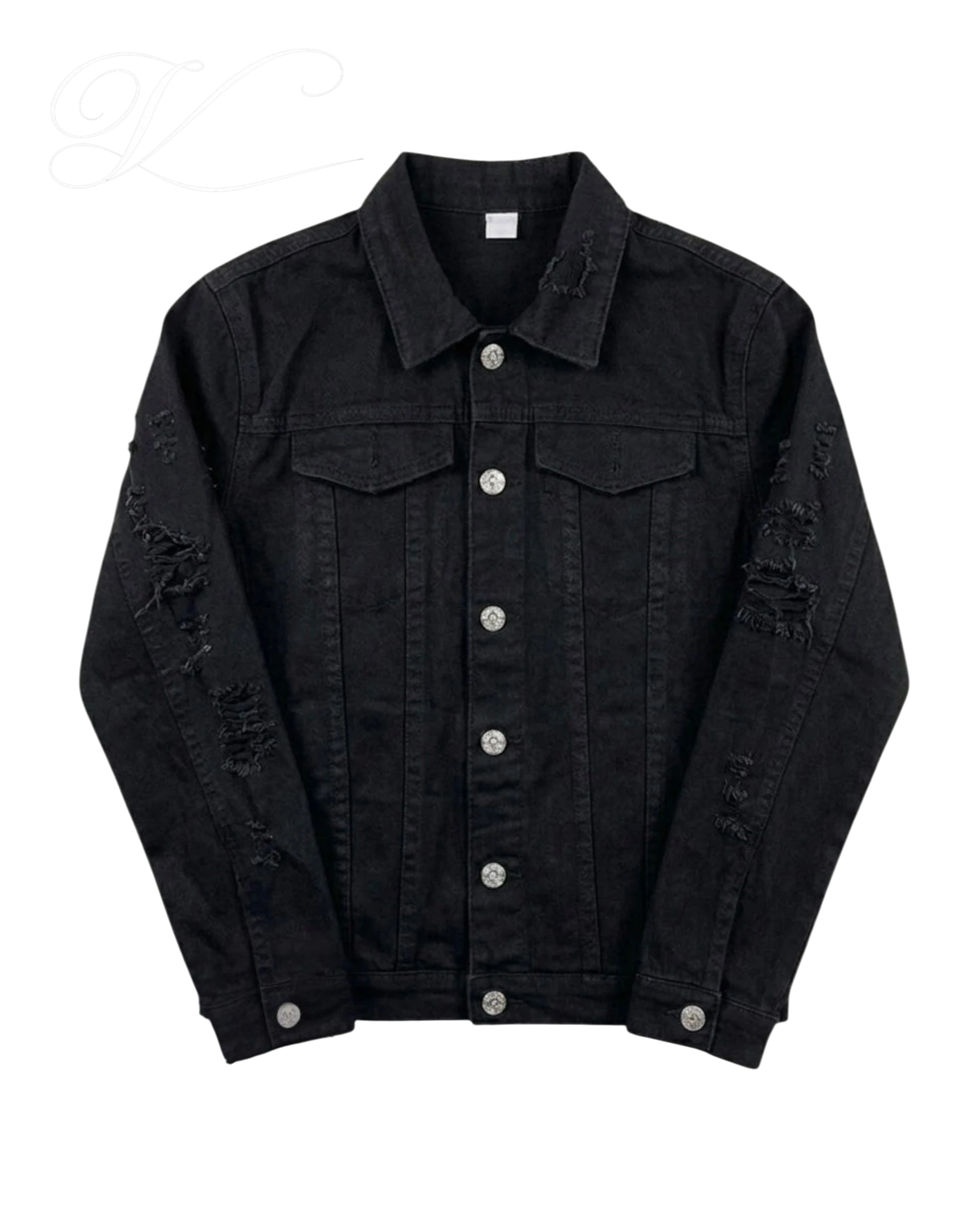 Vicious slim fit black denim jacket with distressed details, button-up front, and long sleeves.