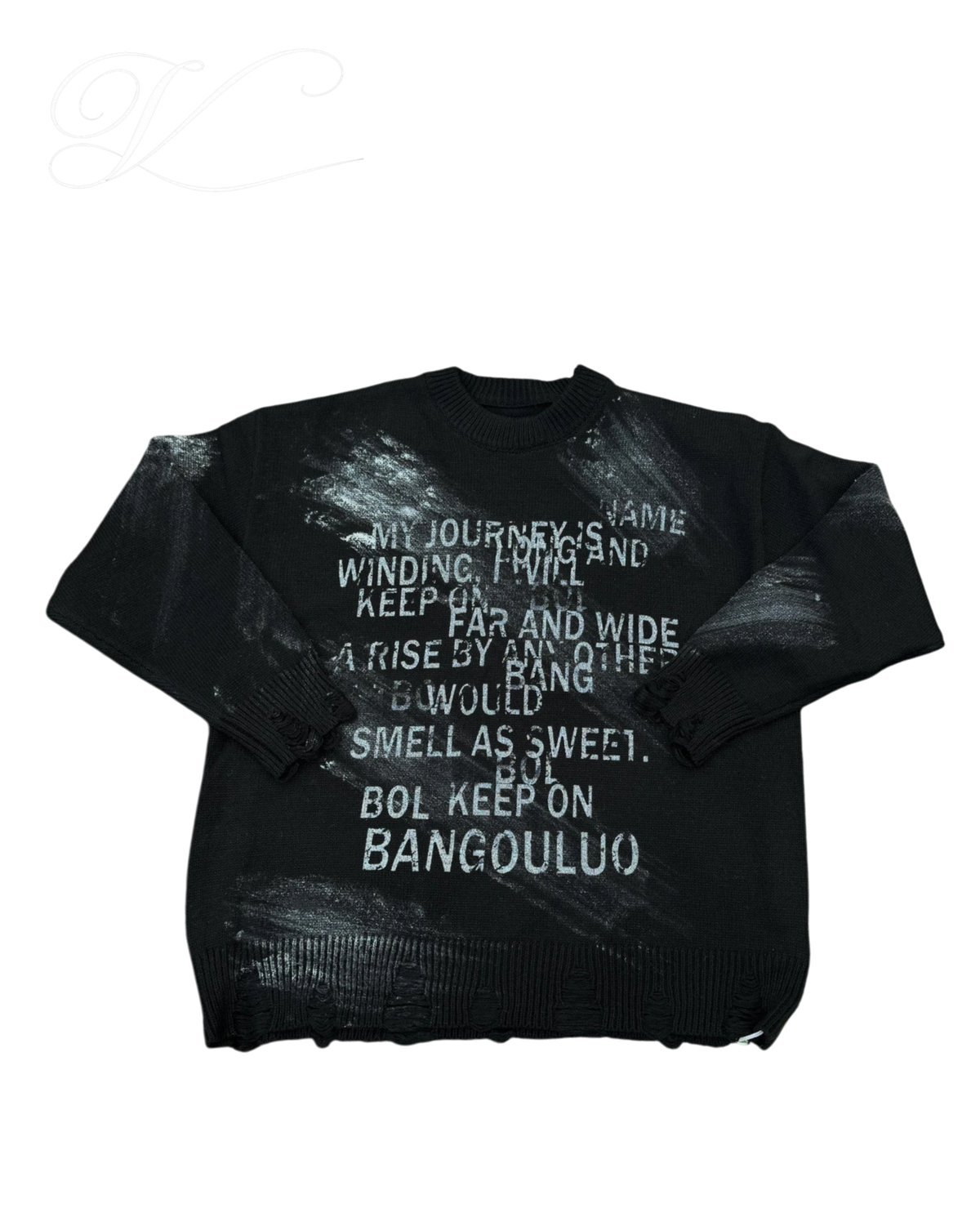 Vicious black crew neck knit sweater with distressed hem and white vintage letter jacquard text print