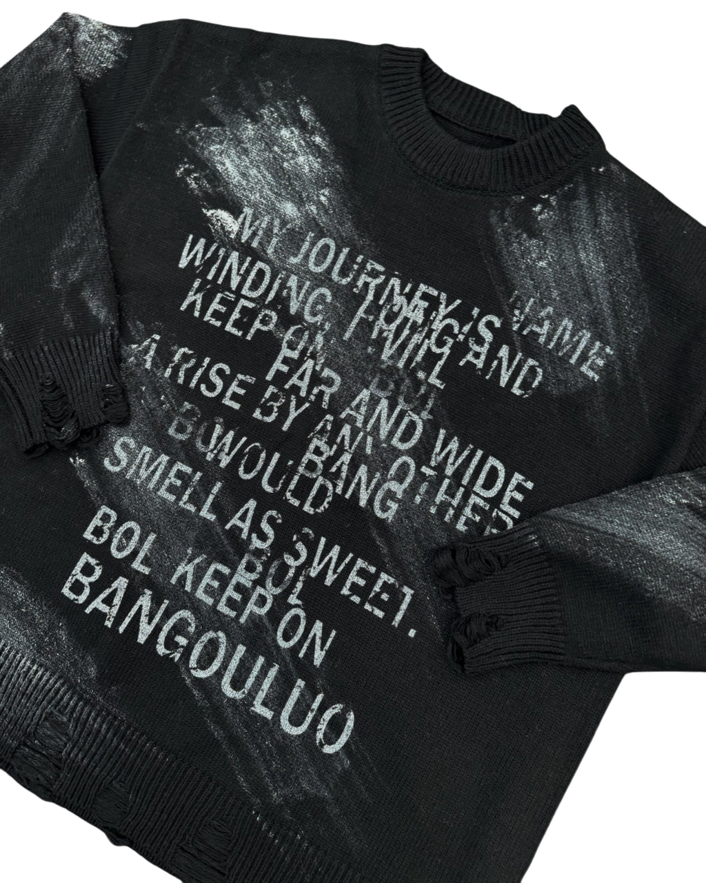 Vicious black crew neck sweater with white distressed letter jacquard print and frayed hem details for a vintage look.