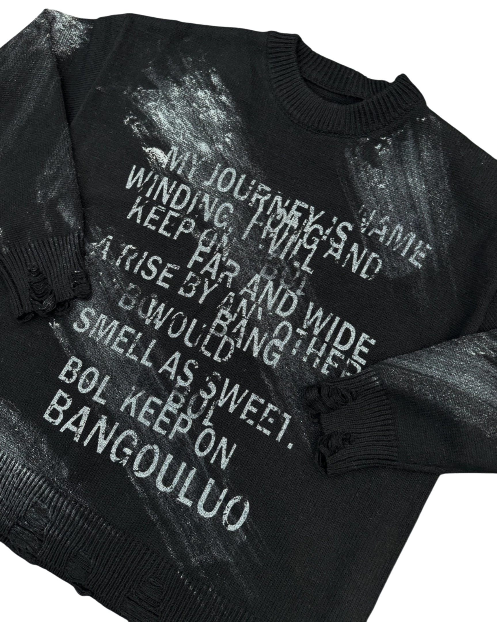 Vicious black crew neck sweater with white distressed letter jacquard print and frayed hem details for a vintage look.