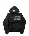 Vicious black hooded sweatshirt featuring a white star patch on the hood and philosophical text printed on the chest.