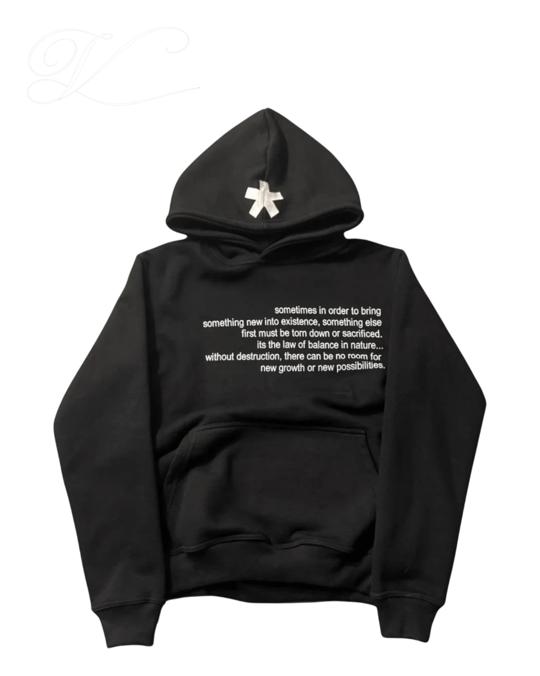 Vicious black hooded sweatshirt featuring a white star patch on the hood and philosophical text printed on the chest.