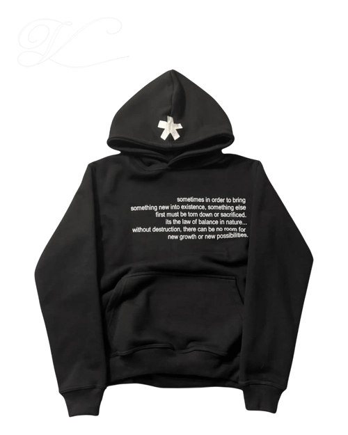 Vicious black hooded sweatshirt featuring a white star patch on the hood and philosophical text printed on the chest.