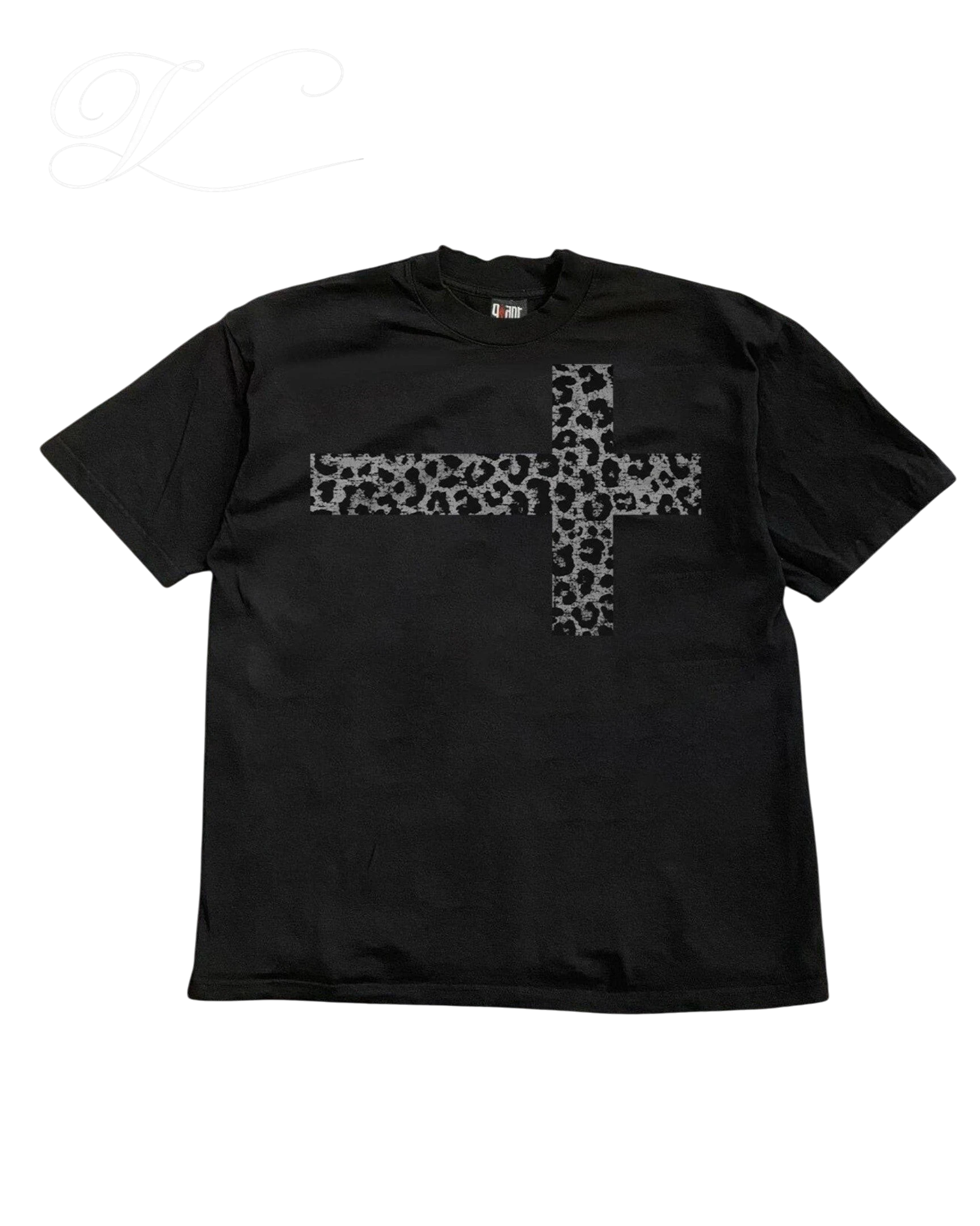 Vicious black heavyweight cotton t-shirt featuring a grey leopard print cross graphic on the chest