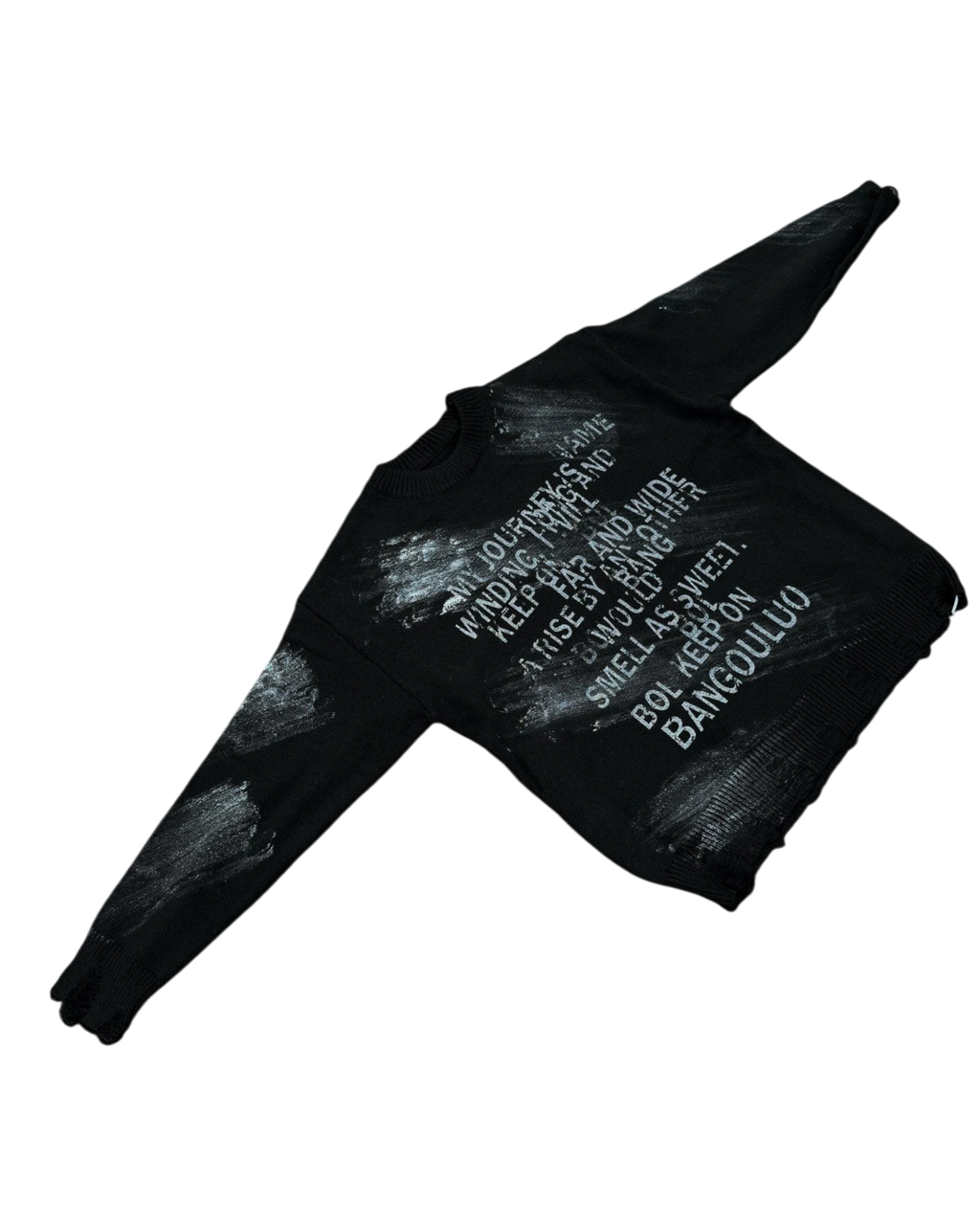 Vicious black crew neck sweater featuring white distressed letter jacquard text and brushstroke patterns