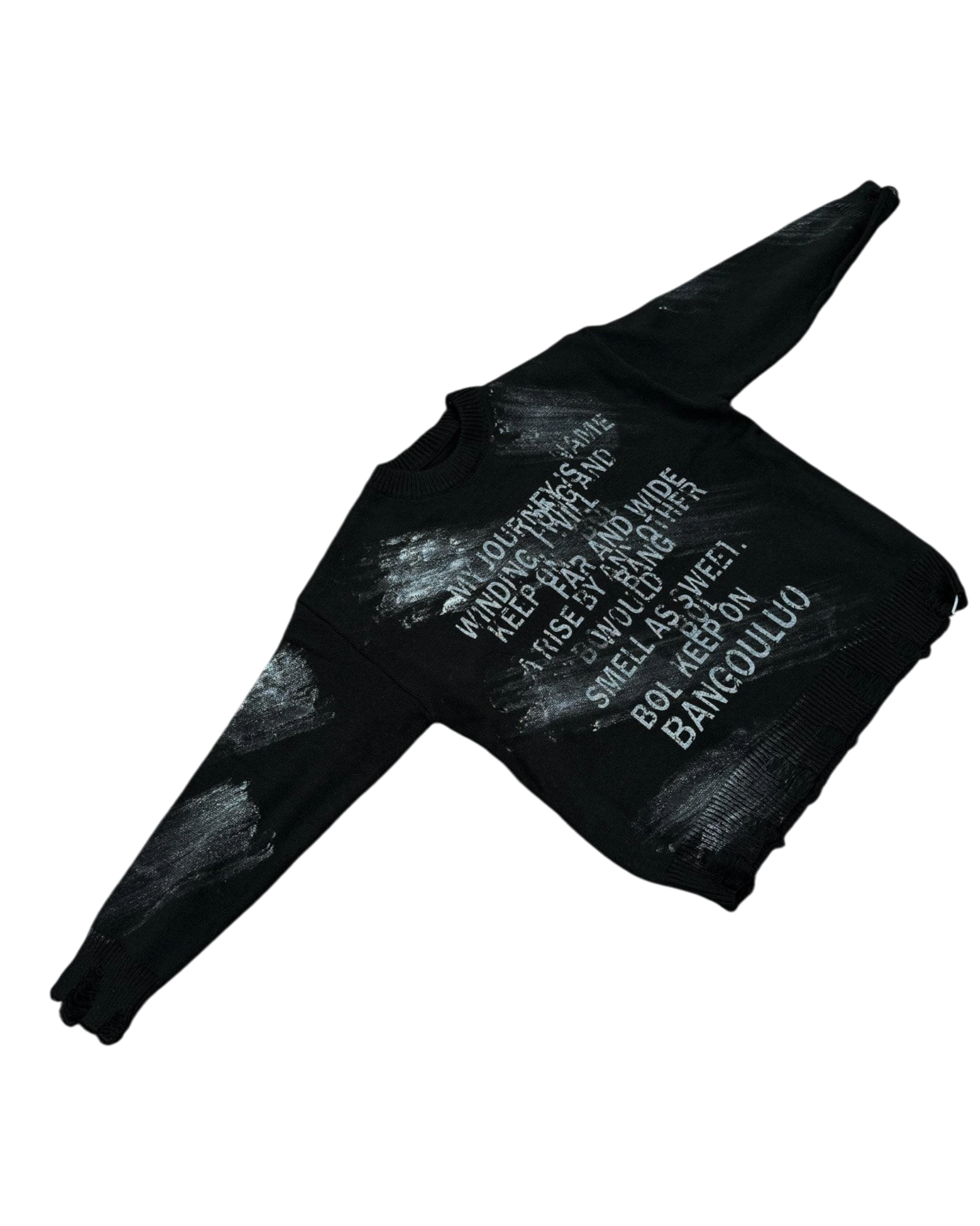 Vicious black crew neck sweater featuring white distressed letter jacquard text and brushstroke patterns