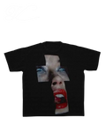 Vicious black short sleeve t-shirt featuring a graphic print of a face with red lips inside a cross shape