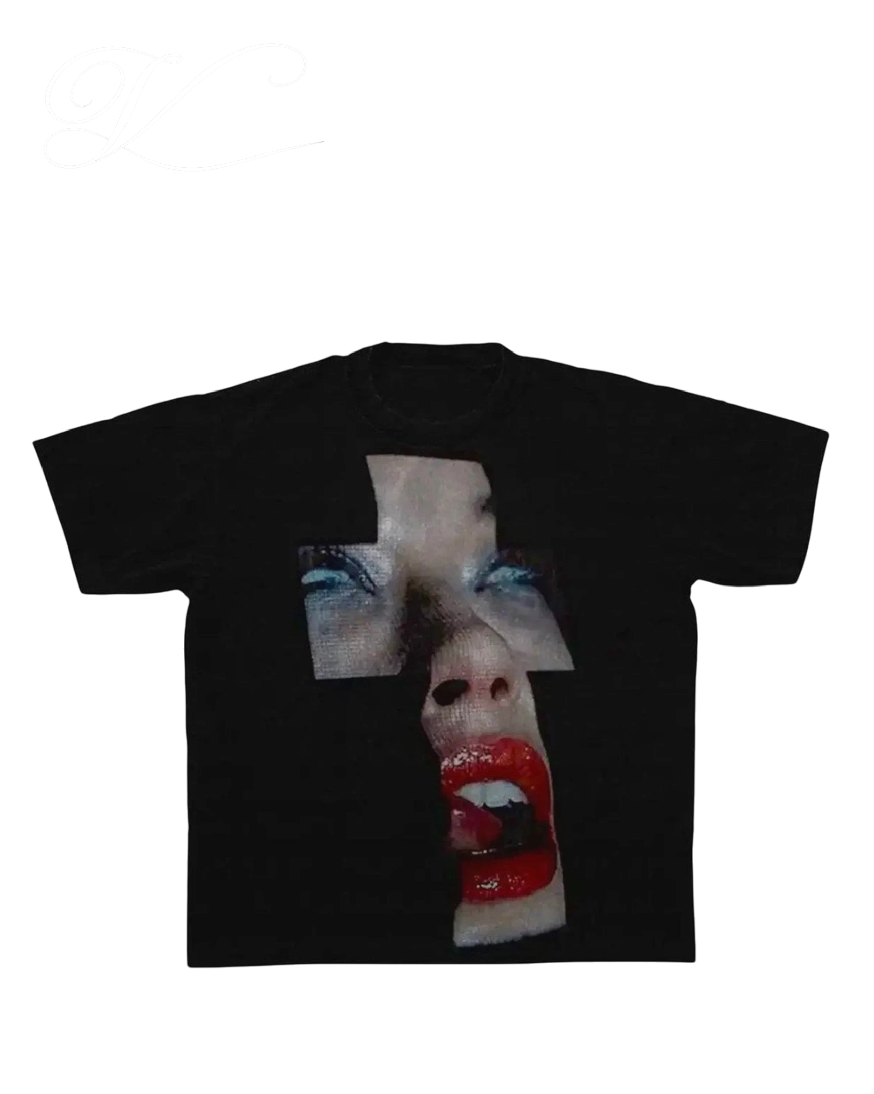 Vicious black short sleeve t-shirt featuring a graphic print of a face with red lips inside a cross shape