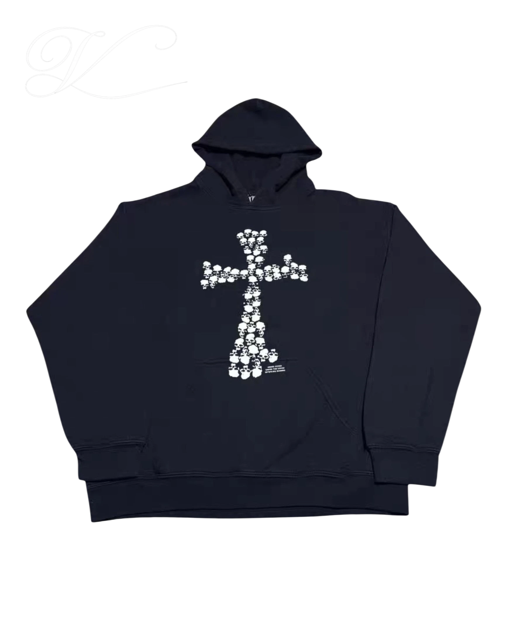 Vicious black oversized fleece hoodie featuring a white skull cross graphic print on the front and a kangaroo pocket.
