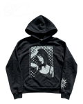 Vicious black pullover hoodie featuring a vintage portrait, star pattern, and sun totem graphic print.
