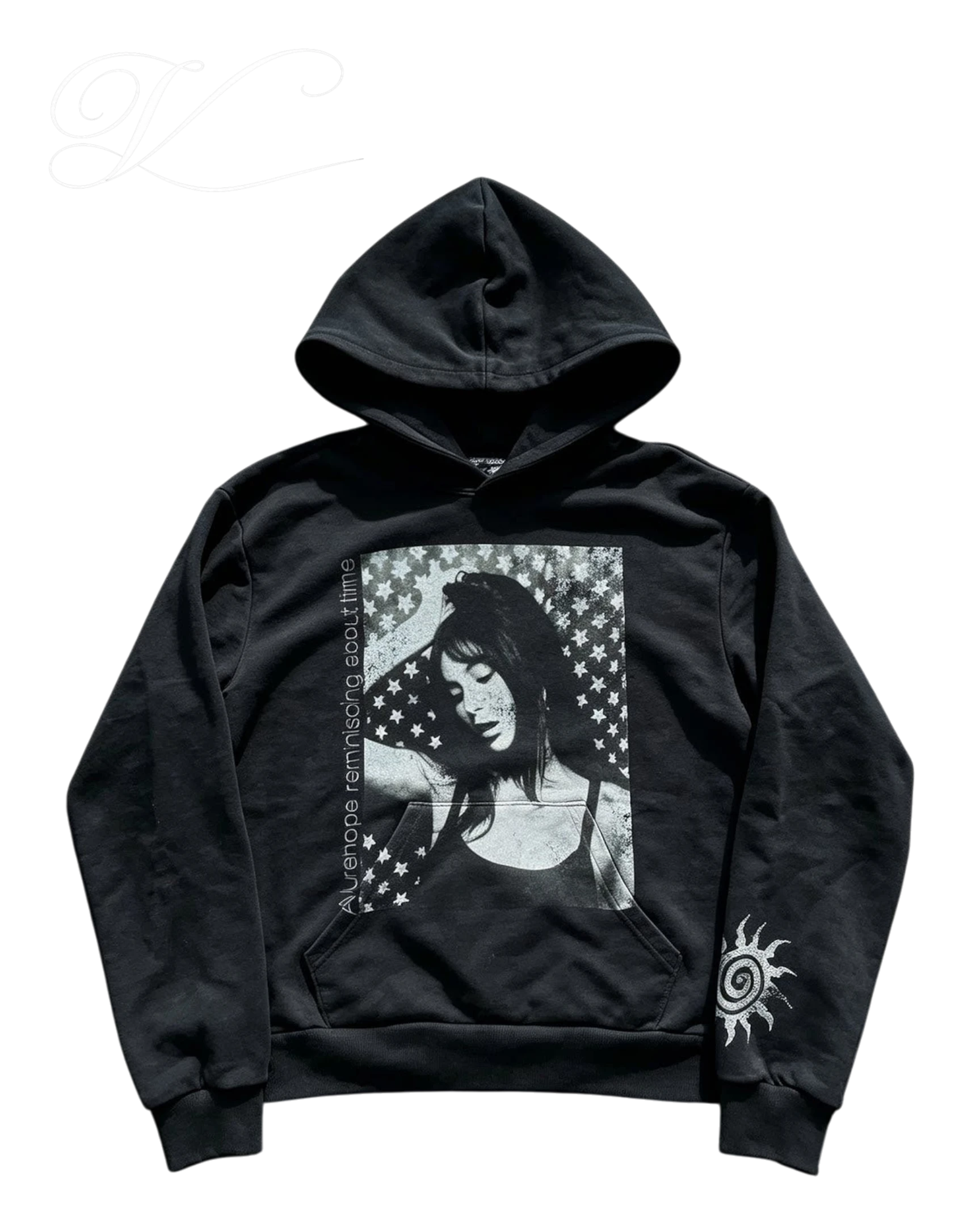 Vicious black pullover hoodie featuring a vintage portrait, star pattern, and sun totem graphic print.