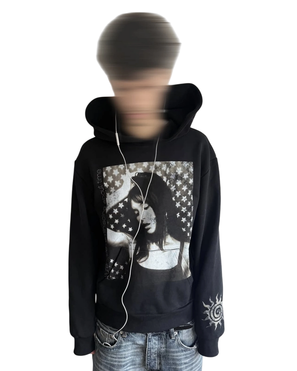 Vicious black pullover sweatshirt featuring a vintage portrait and sun totem graphic print on a wide-open fit
