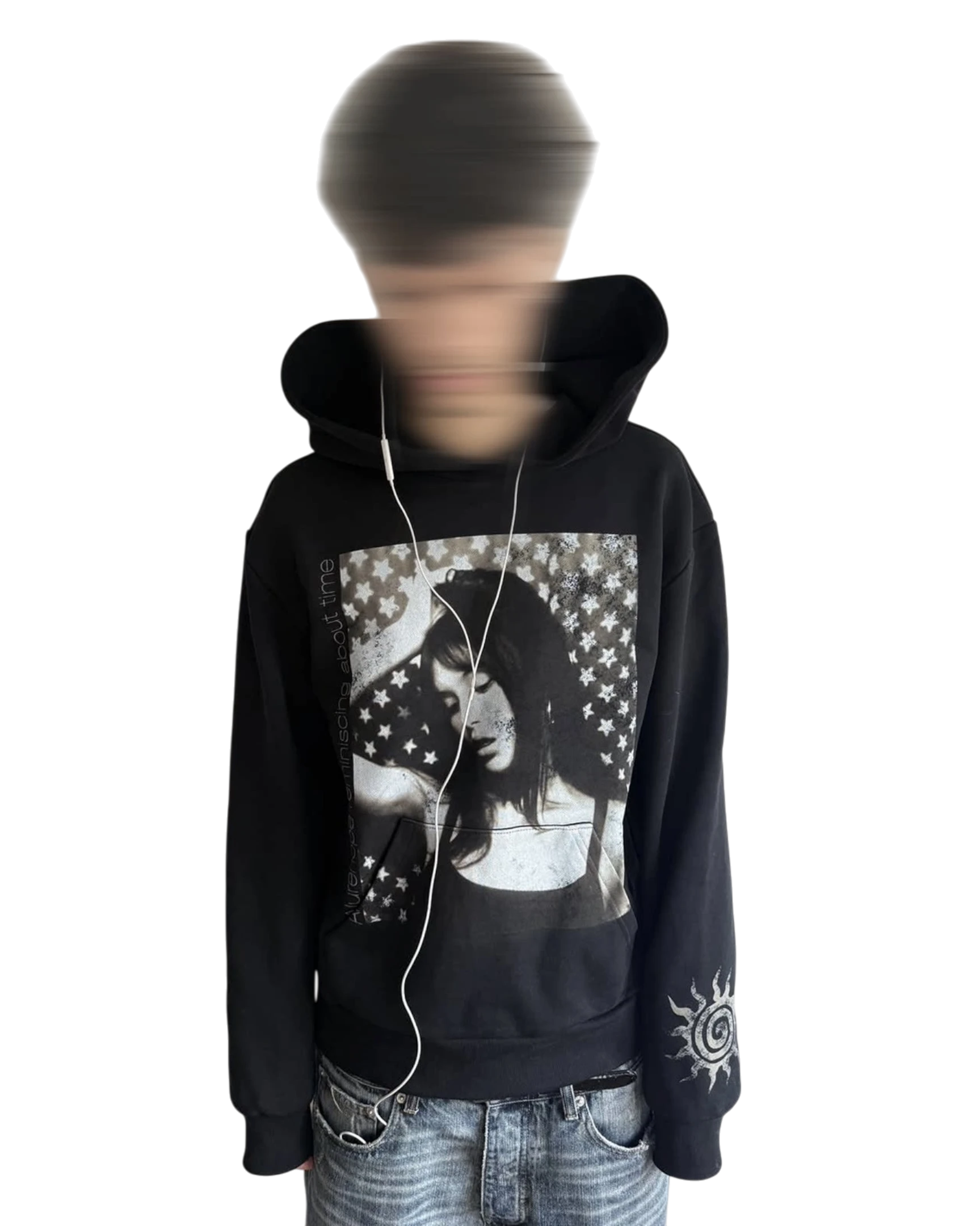 Vicious black pullover sweatshirt featuring a vintage portrait and sun totem graphic print on a wide-open fit