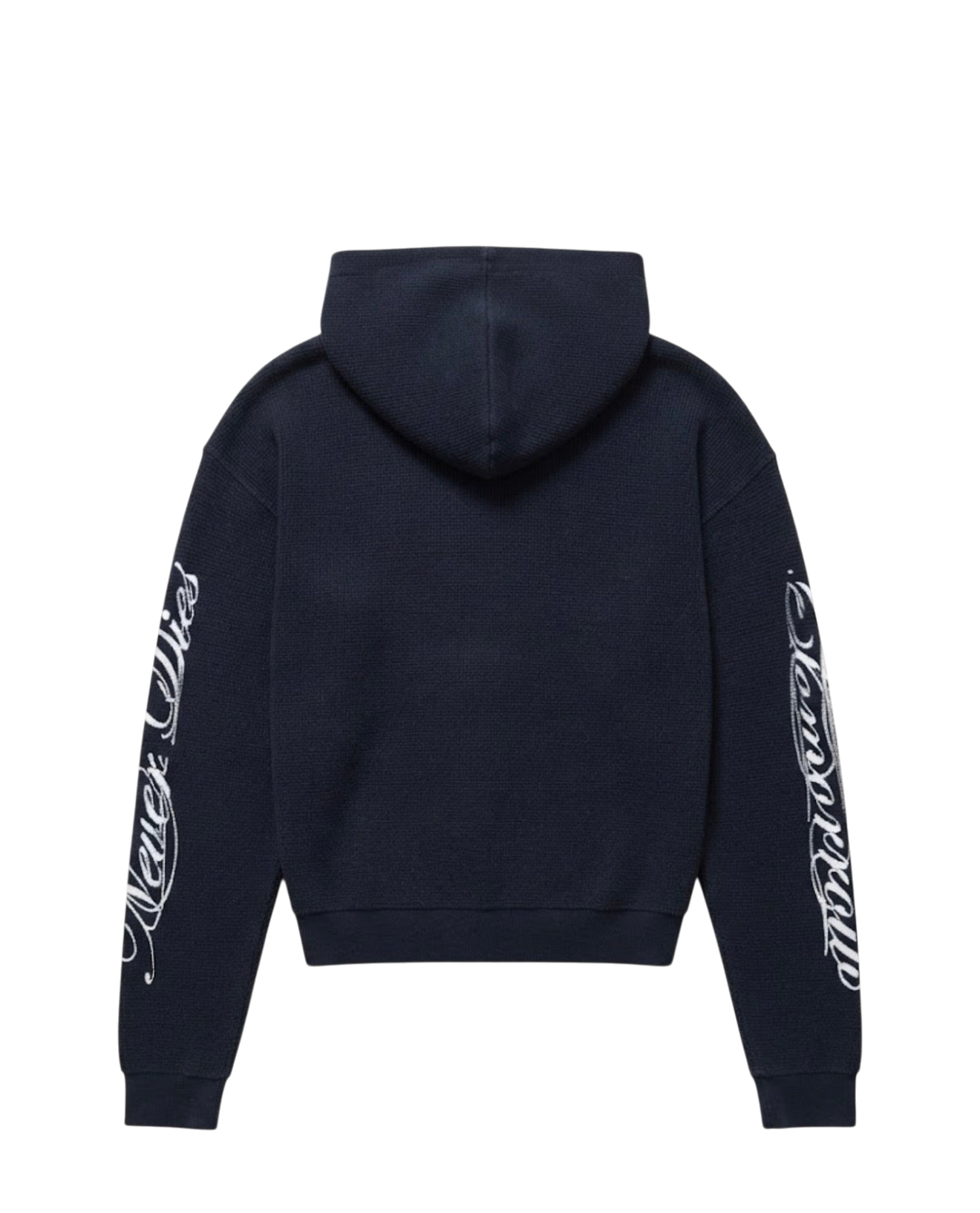 Vicious oversized black waffle-knit hoodie with white cursive lettering on the sleeves and distressed details.