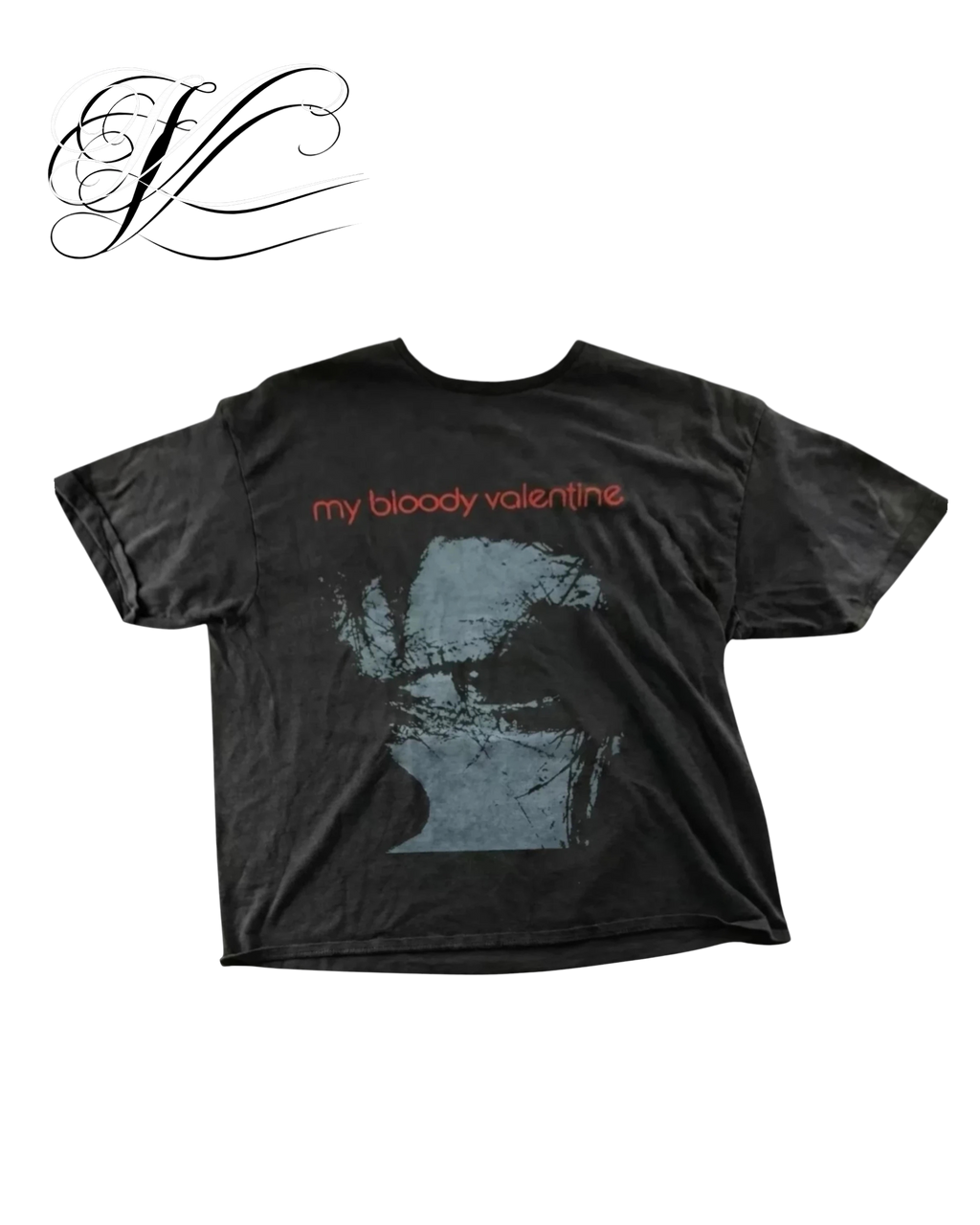 Vicious Bloody Valentine cotton t-shirt in washed black with red text and grey eye graphic print.