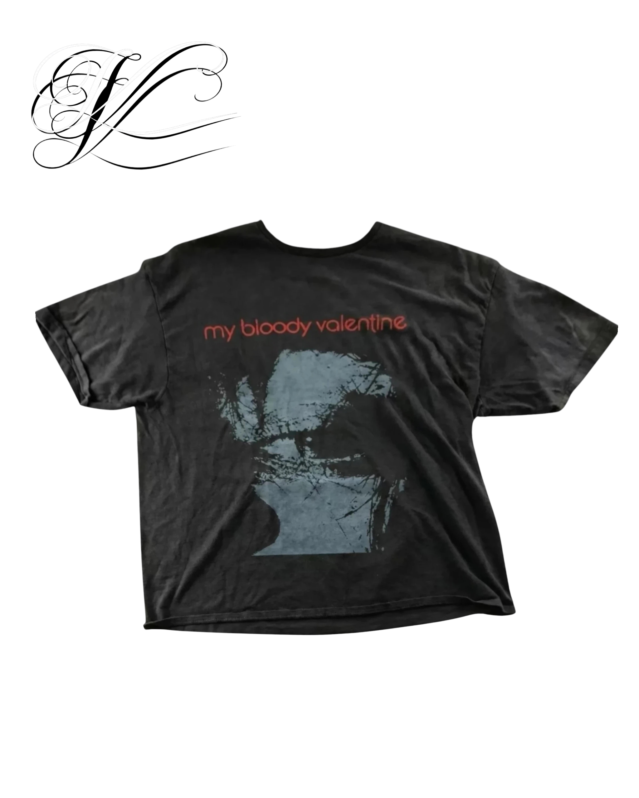 Vicious Bloody Valentine cotton t-shirt in washed black with red text and grey eye graphic print.