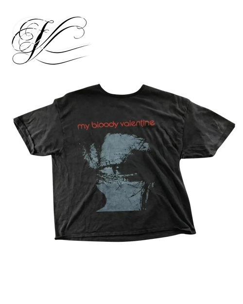 Vicious Bloody Valentine cotton t-shirt in washed black with red text and grey eye graphic print.