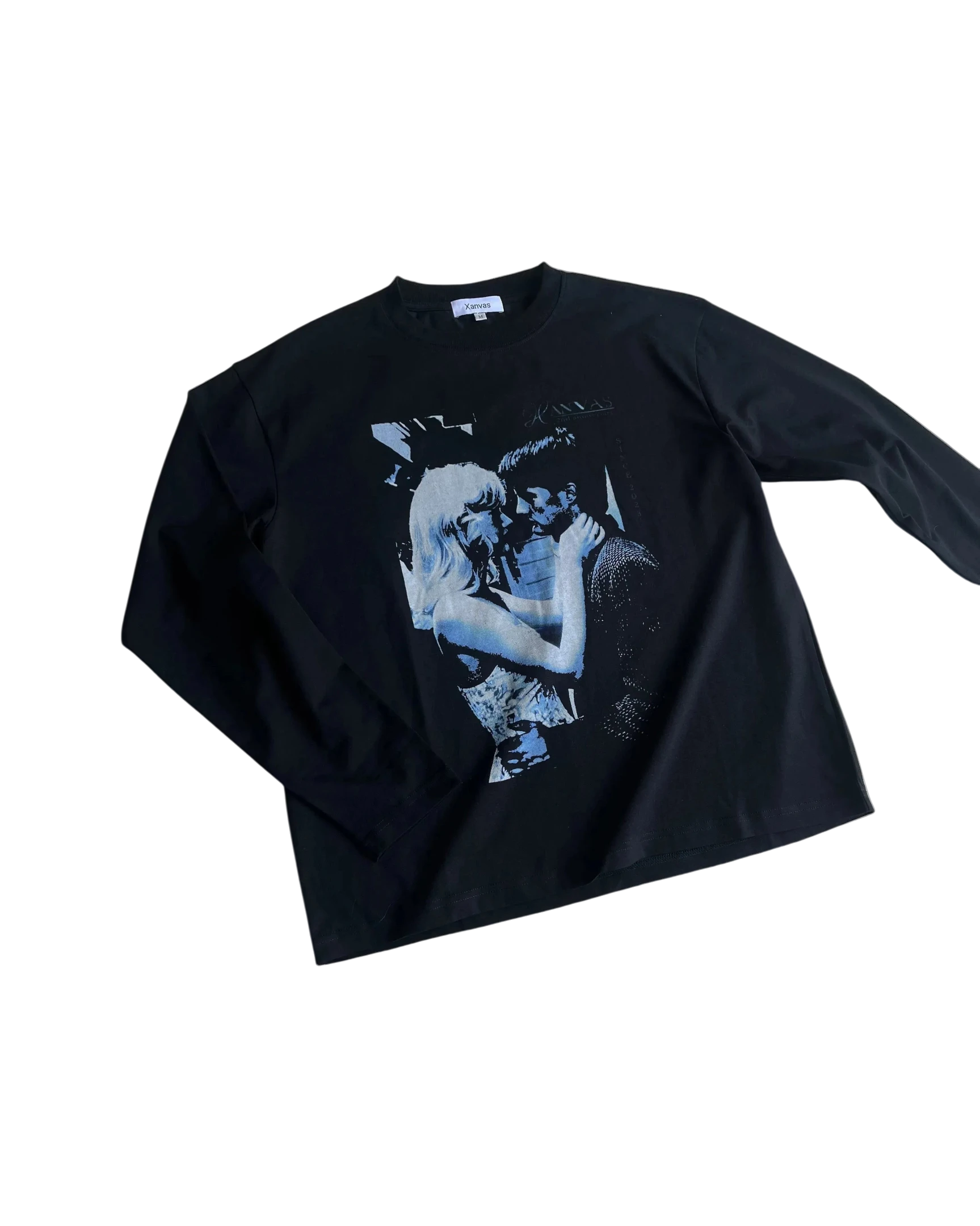 Vicious Blue Kiss long-sleeve shirt in black with a white Blue Velvet inspired graphic print on the front.