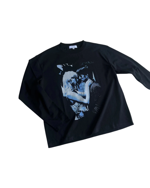 Vicious Blue Kiss long-sleeve shirt in black with a white Blue Velvet inspired graphic print on the front.