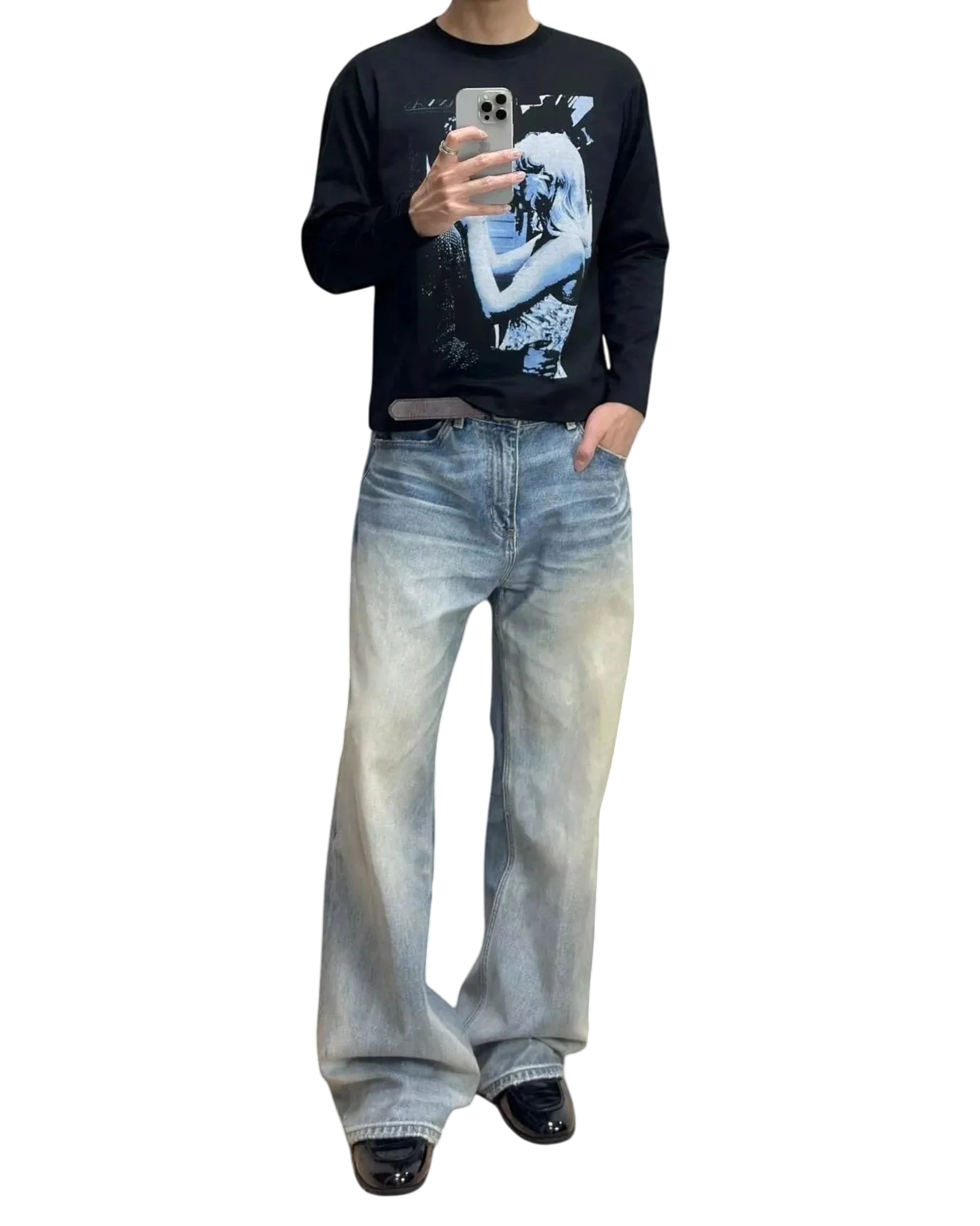 Vicious Blue Kiss long-sleeve shirt in black with a white graphic print, worn with light-wash baggy jeans.