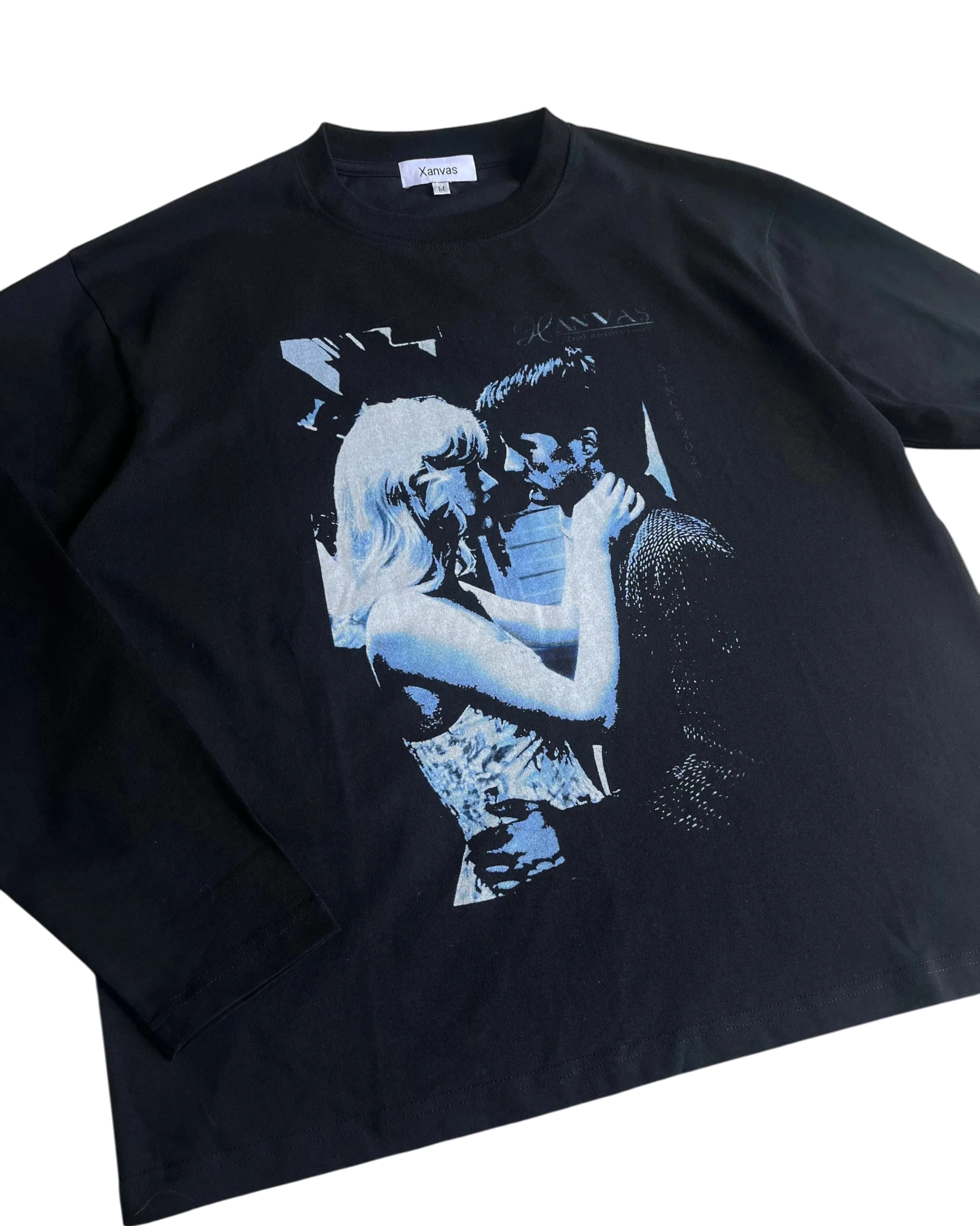 Vicious Blue Kiss long-sleeve shirt in black Sorona fabric with a white graphic print inspired by Blue Velvet.
