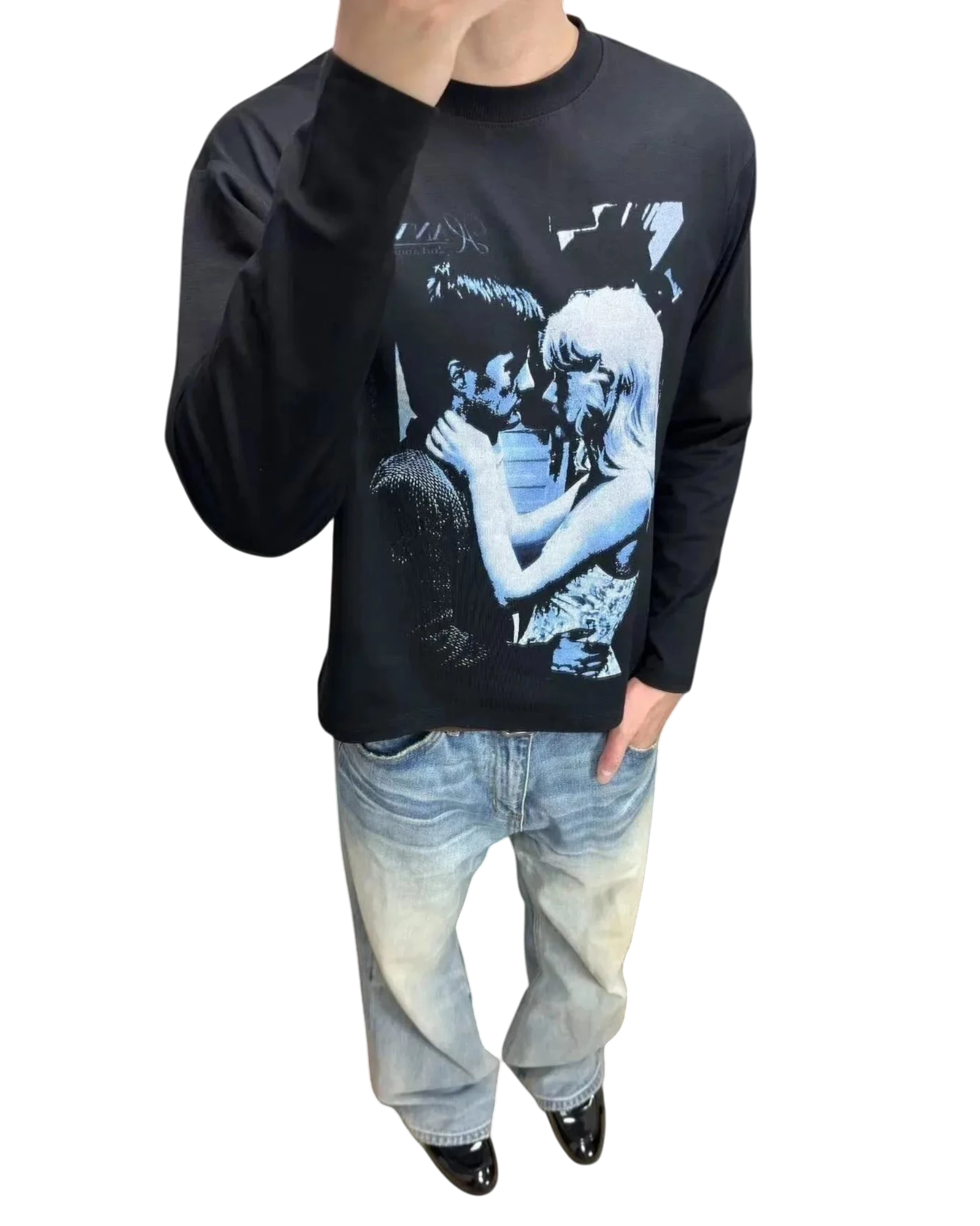 Vicious Blue Kiss long-sleeve shirt in black with a white graphic print inspired by Blue Velvet, worn by a model.
