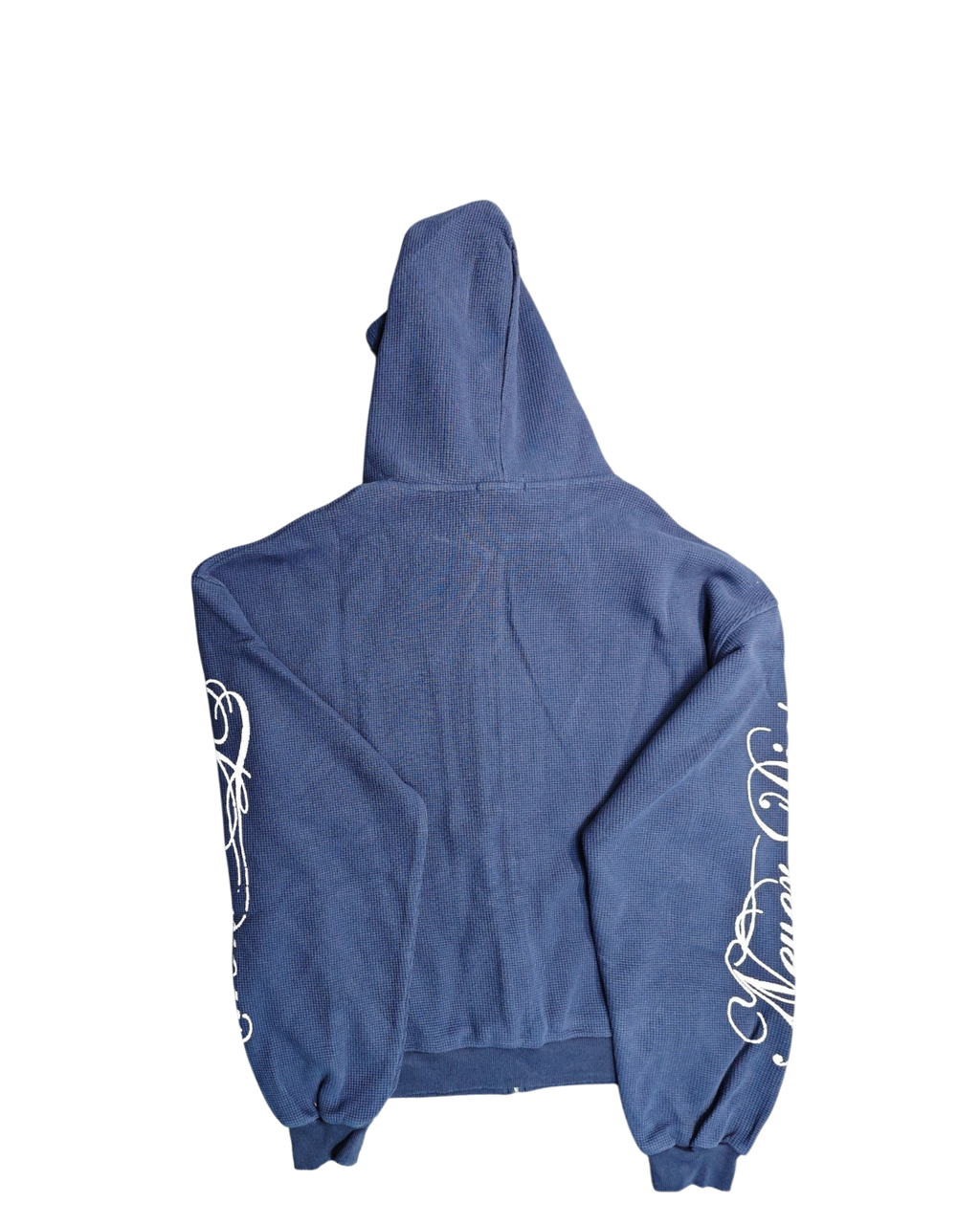 Vicious oversized blue waffle-knit hoodie with white cursive sleeve graphics and distressed details