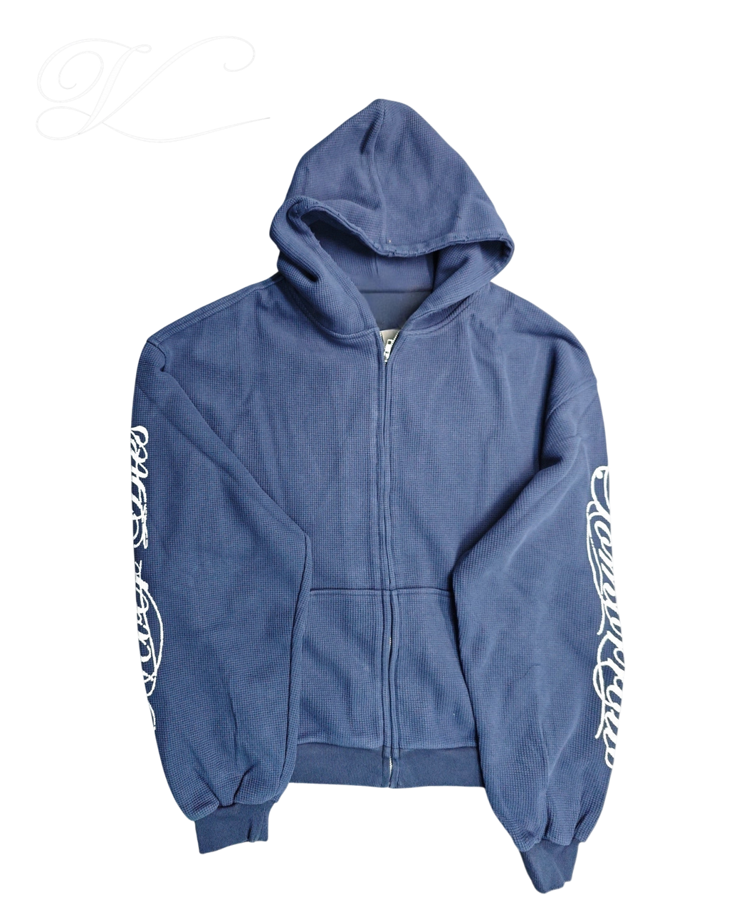 Vicious blue heavy cotton waffle-knit zip-up hoodie with oversized fit and white cursive sleeve graphics.