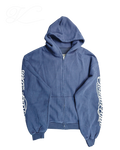 Vicious blue heavy cotton waffle-knit zip-up hoodie with oversized fit and white cursive sleeve graphics.