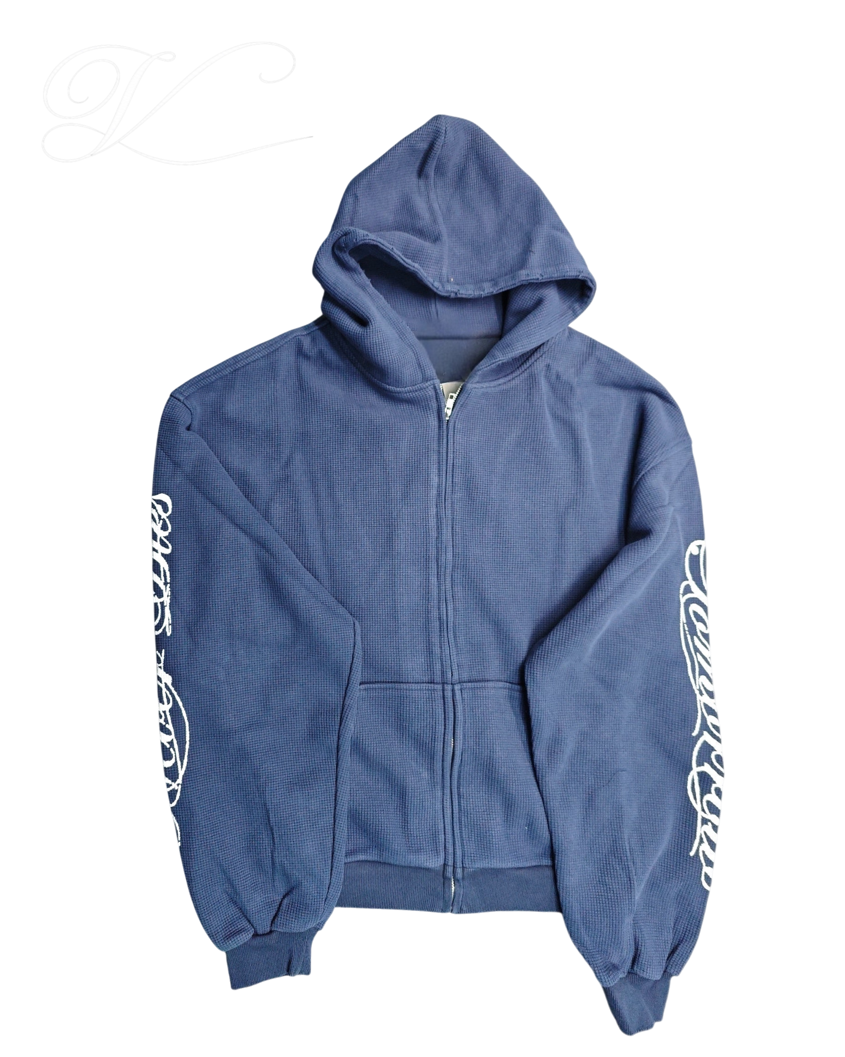 Vicious blue heavy cotton waffle-knit zip-up hoodie with oversized fit and white cursive sleeve graphics.