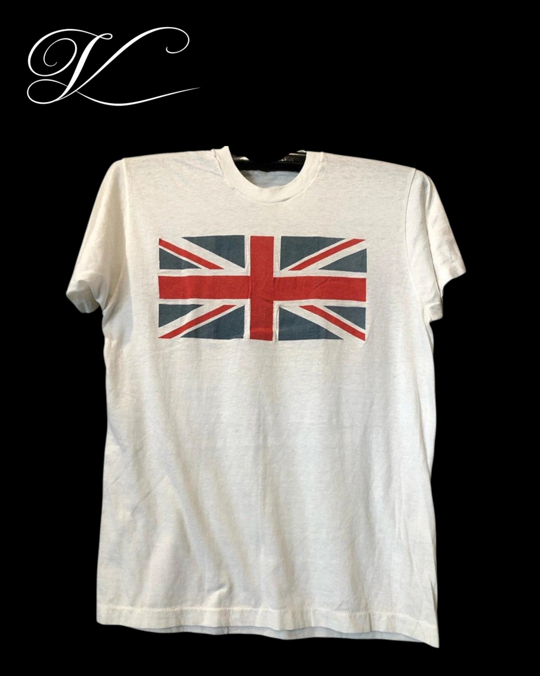 Vicious Britannia heavy cotton white t-shirt featuring a large Union Jack flag graphic print on the front