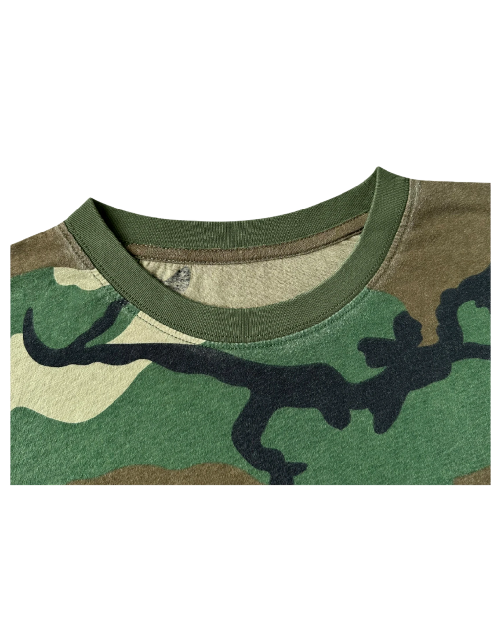 Vicious camo cropped longsleeve shirt with a vintage washed finish and ribbed crew neckline in green tones.