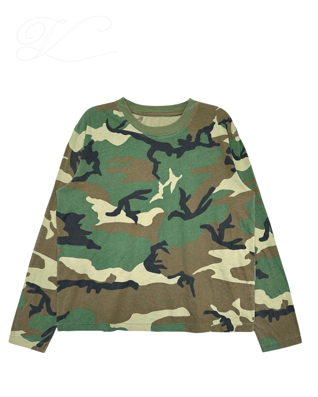 Vicious unisex cropped long sleeve shirt in a vintage washed camouflage pattern made from lightweight cotton