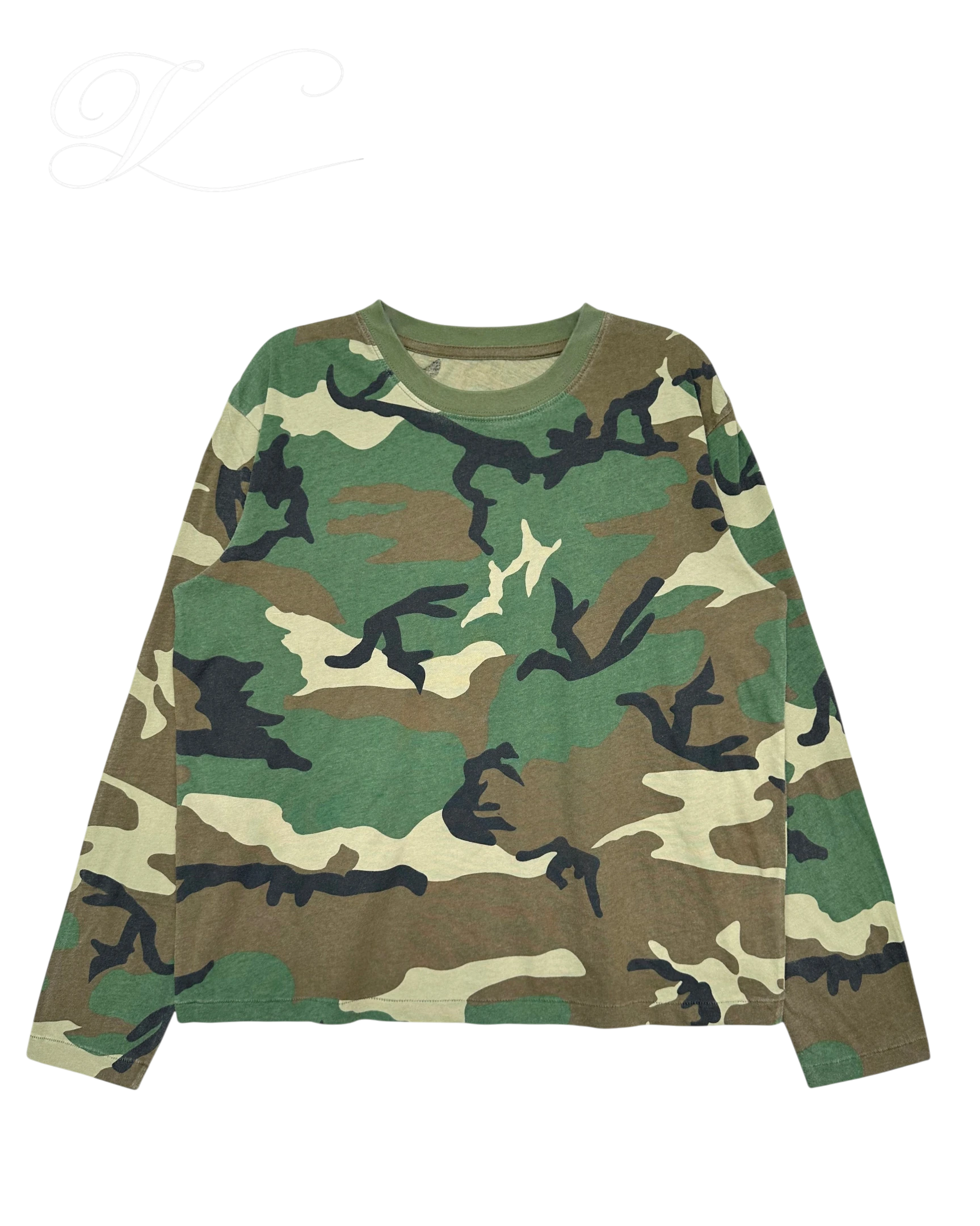 Vicious unisex cropped long sleeve shirt in a vintage washed camouflage pattern made from lightweight cotton
