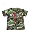 Vicious cropped camo t-shirt in 100% cotton with distressed details, photo prints, and red and white text graphics.