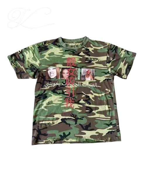 Vicious cropped camo t-shirt in 100% cotton with distressed details, photo prints, and red and white text graphics.