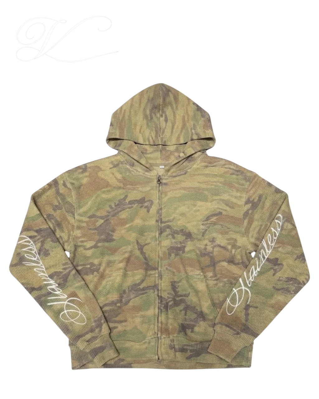 Vicious camo waffle knit zip-up hoodie with drop shoulders and white cursive embroidery on the sleeves.