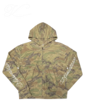 Vicious camo waffle knit zip-up hoodie with drop shoulders and white cursive embroidery on the sleeves.