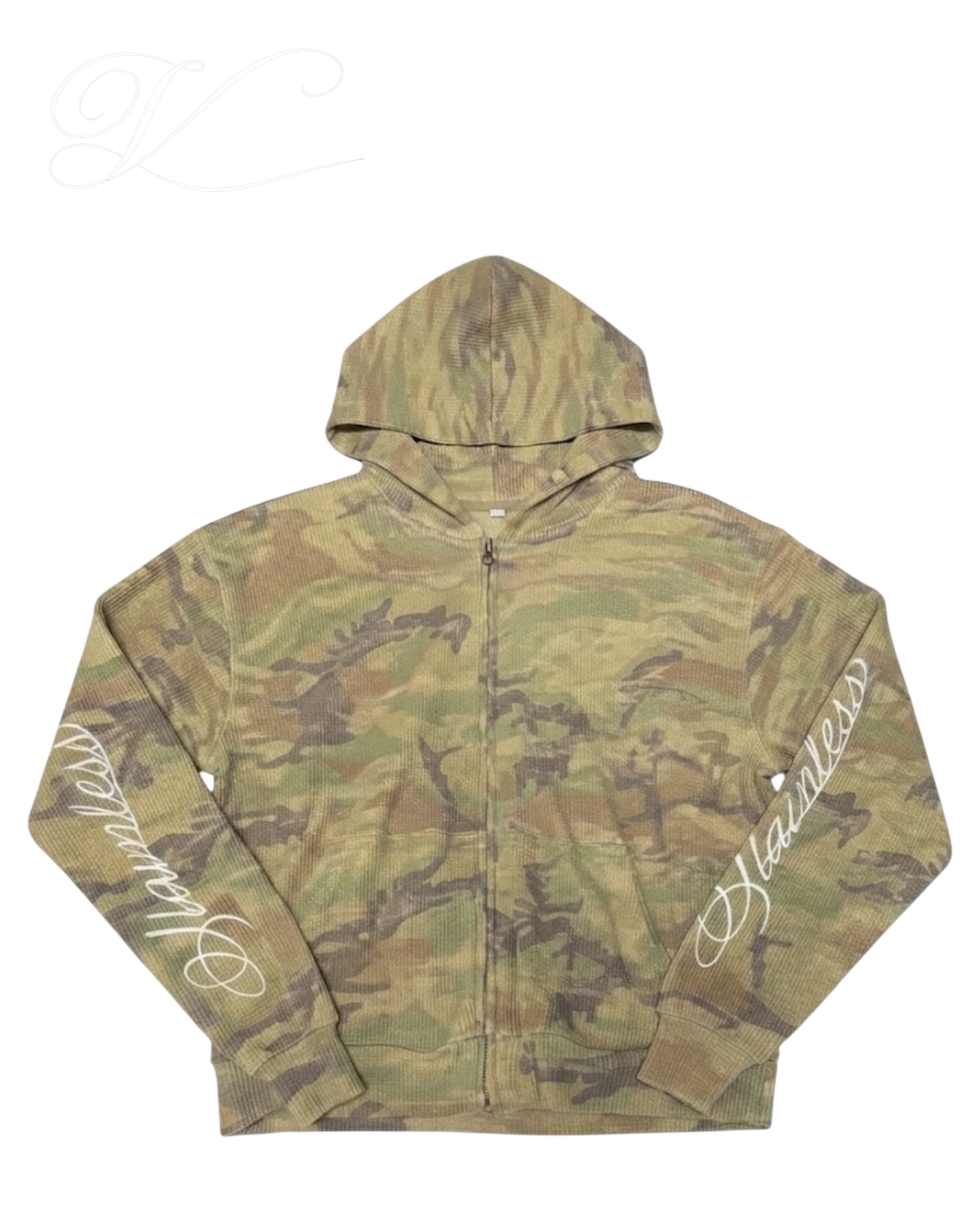 Vicious camo waffle knit zip-up hoodie with drop shoulders and white cursive embroidery on the sleeves.