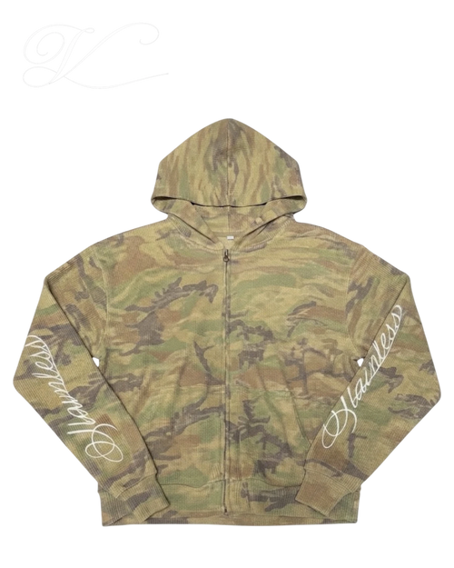 Vicious camo waffle knit zip-up hoodie with drop shoulders and white cursive embroidery on the sleeves.